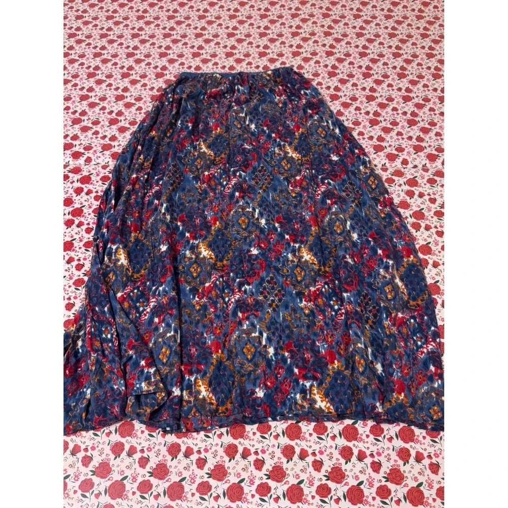 Angie Boho Blue Red Abstract Ikat‎ Medallion Rayon Maxi Skirt Womens Small v2